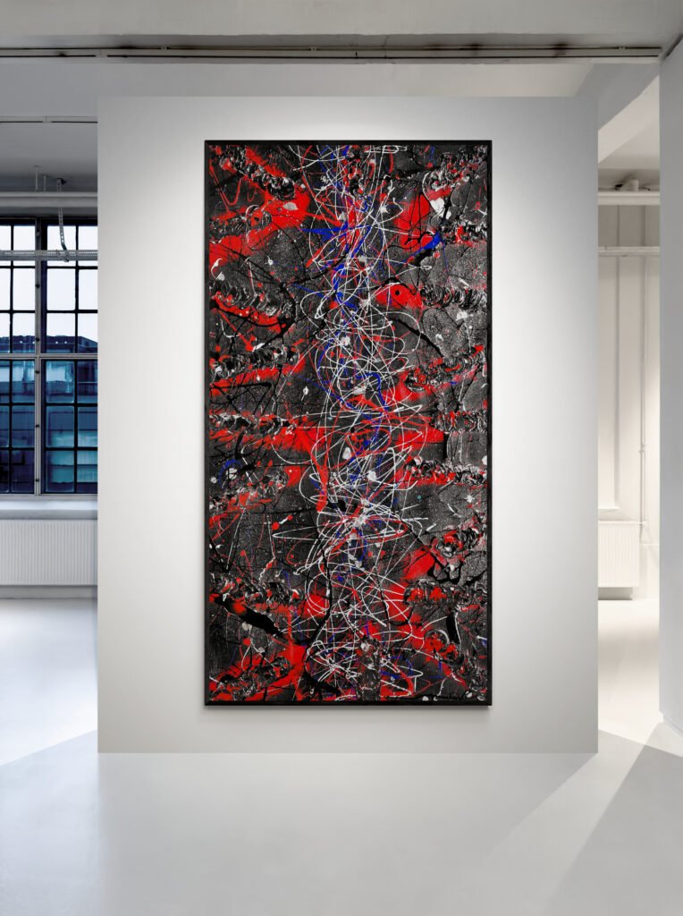 Detail-focused image of Number 66 Jackson Pollock style painting highlighting heavy texture, vivid drips, and dramatic black-red color palette.