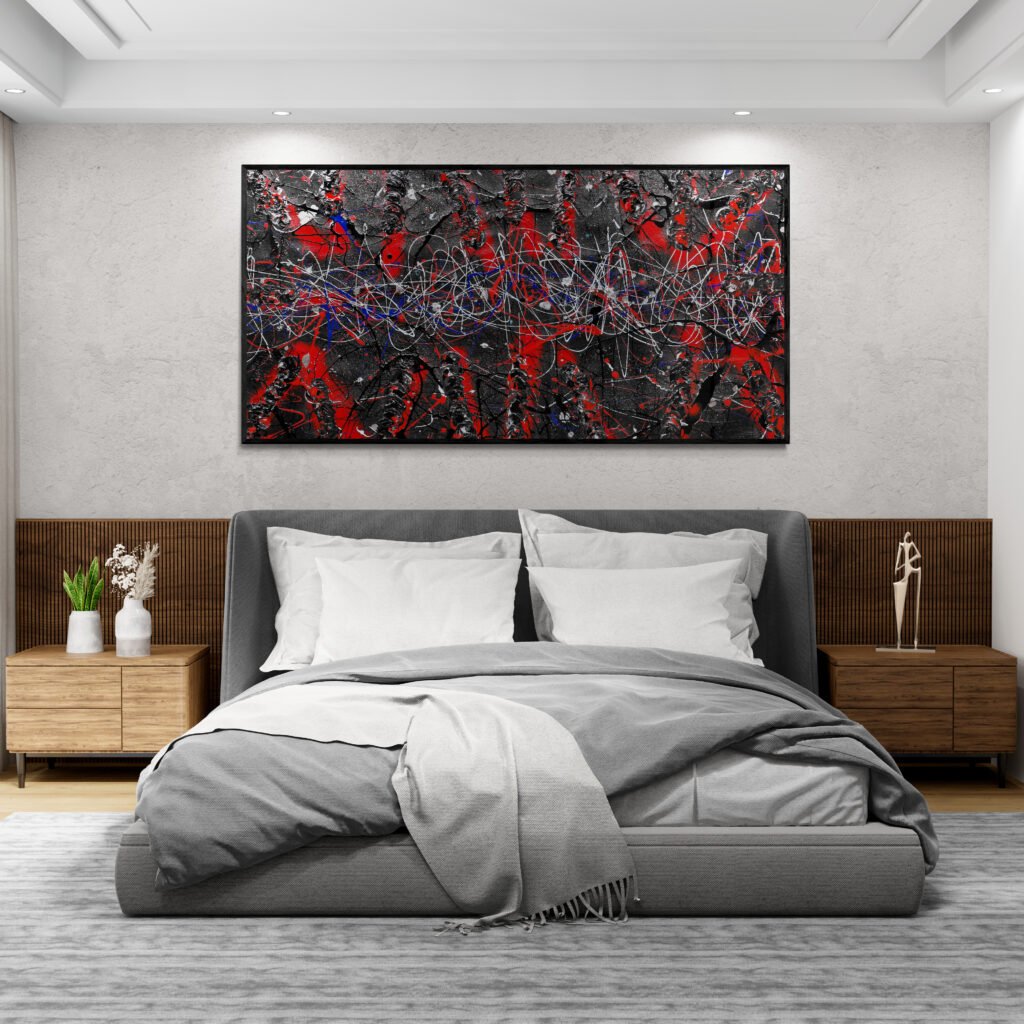 Striking abstract canvas Number 66 featuring red and black tones, showcased above a modern bed in a stylish bedroom with spotlight accents.