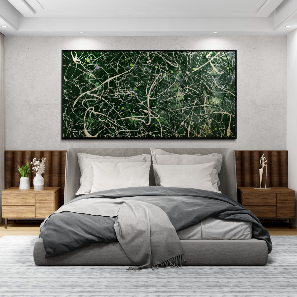 Contemporary bedroom with spotlighted ‘Number 63’ above the bed, adding energy with deep green hues and expressive abstract drips.