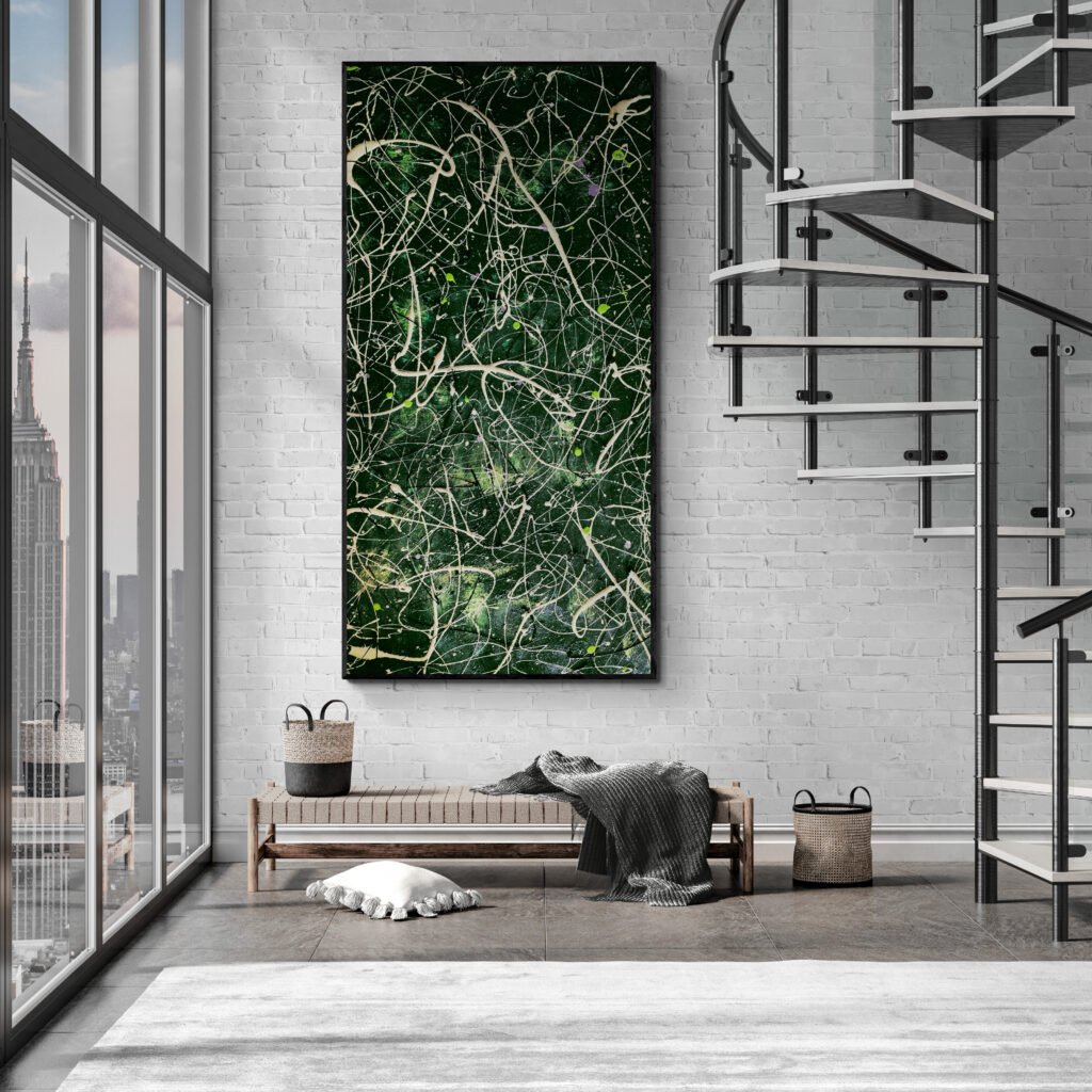 Industrial loft with spiral staircase and a striking vertical view of ‘Number 63’, blending organic green motion with modern architecture.