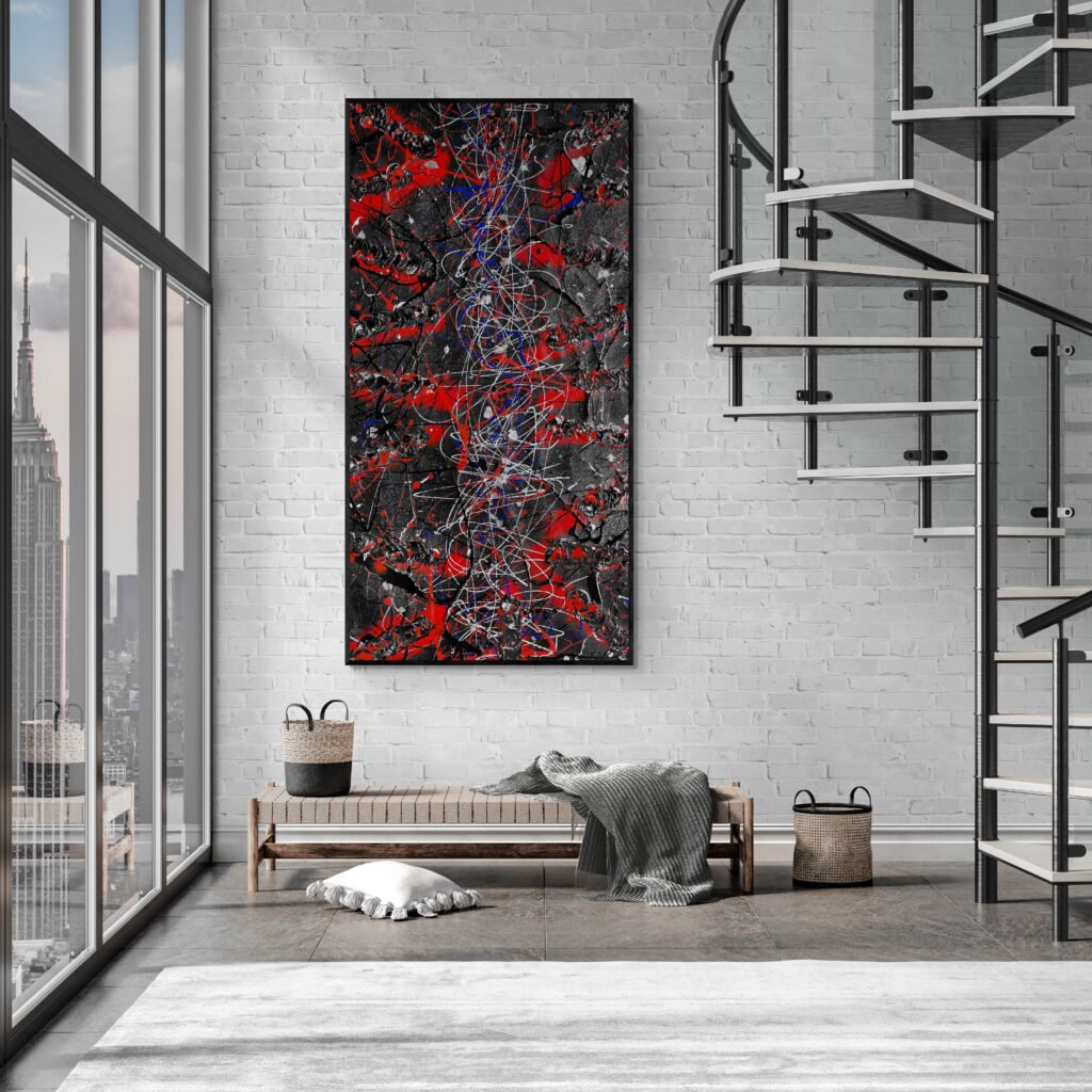 Vertical view of Number 66 Pollock-style painting with bold red and black textures, displayed in a luxury loft with spiral staircase and city view.