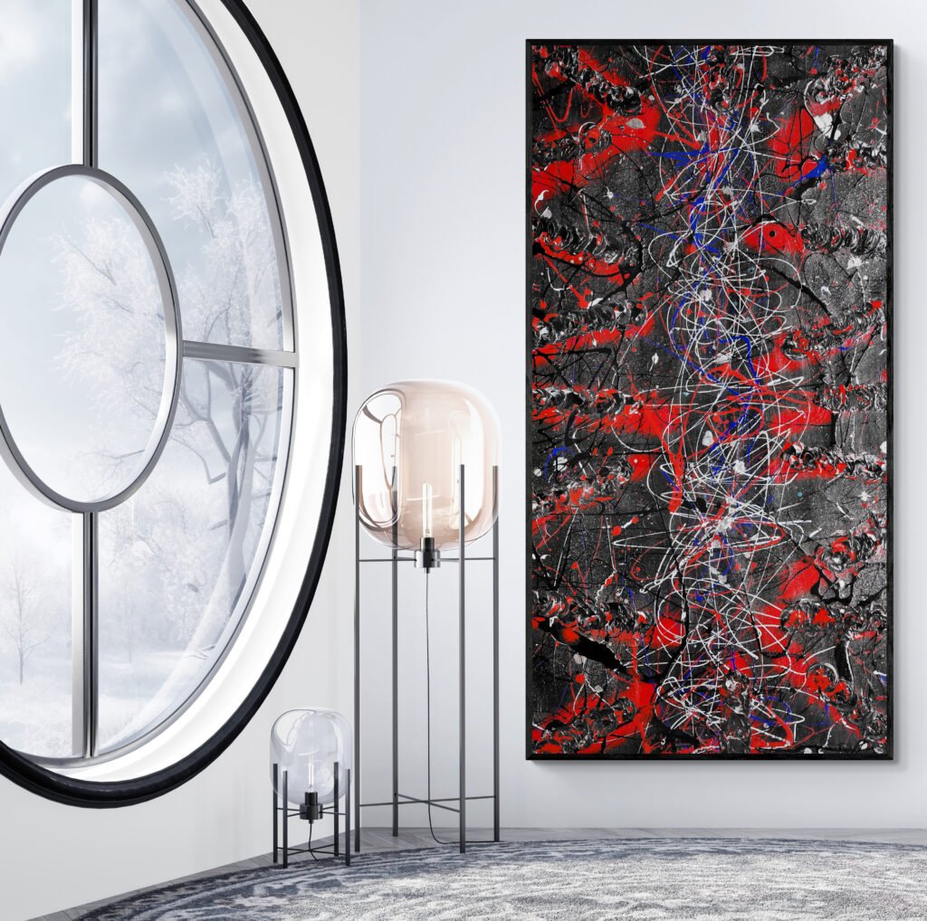 Number 66 abstract canvas with thick textures and vibrant colors displayed beside a large round window with snowy outdoor scenery.