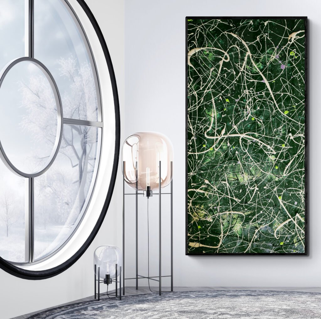 Minimalist room with a round window and ‘Number 63’ in vertical format, contrasting wintery light with lush green abstract textures.
