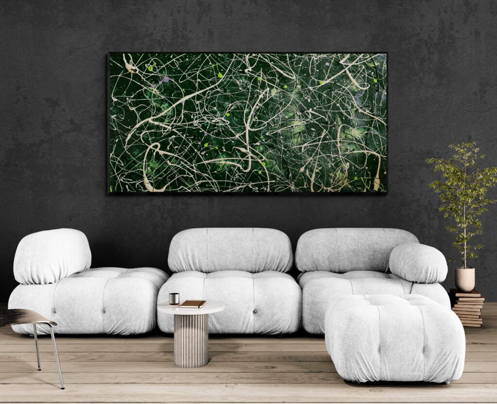 Modern living room with light gray modular sofa and ‘Number 63’ on a charcoal wall, providing a bold green artistic centerpiece.