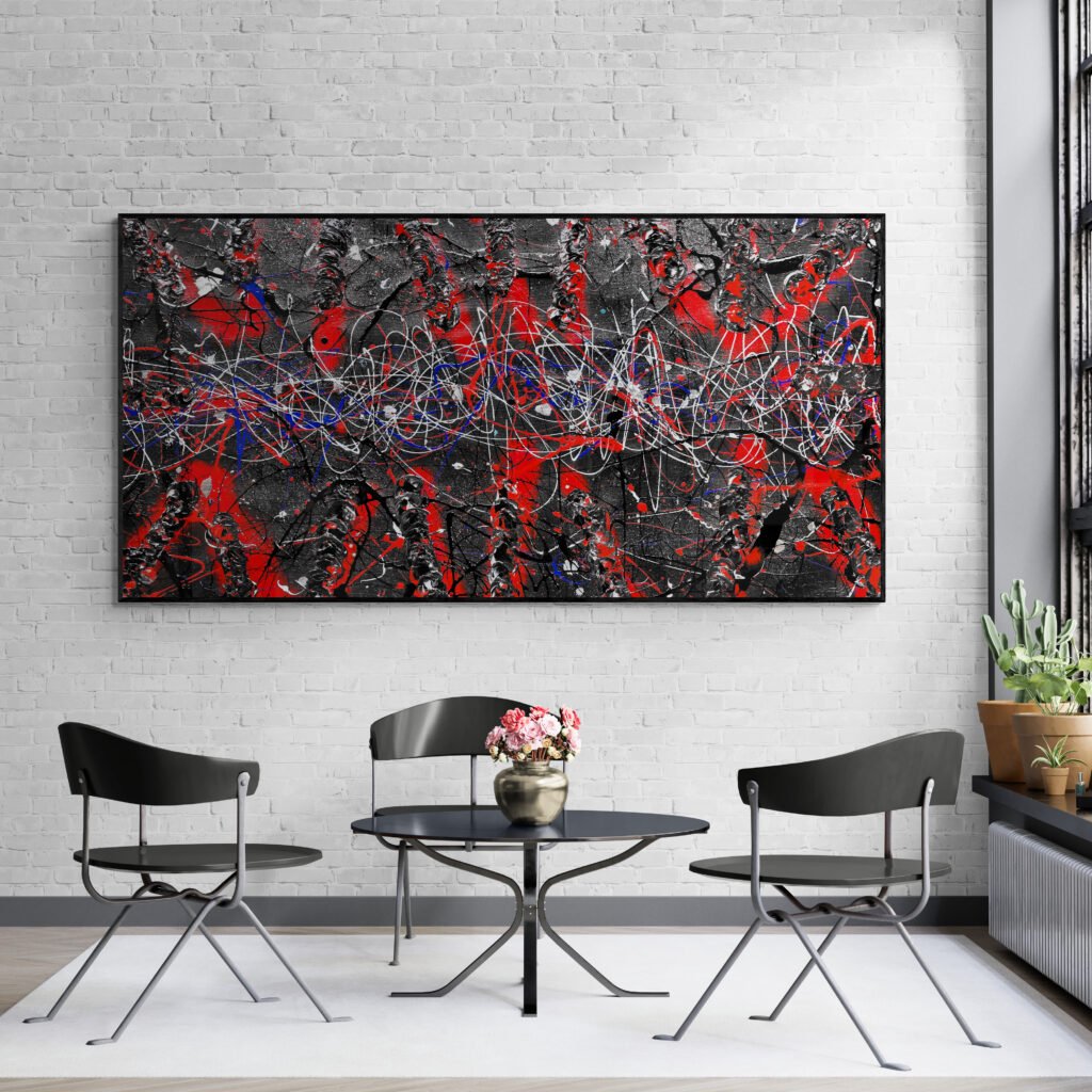 Number 66 Jackson Pollock style abstract painting in black, red, and silver displayed in a modern sunroom with minimalist chairs and round table