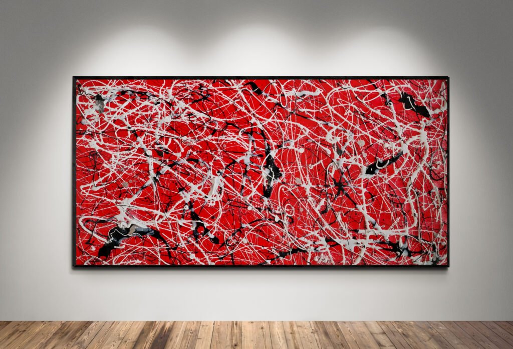 Abstract artwork Number 86 in Jackson Pollock style with red background, black strokes, and white splashes | A bold and balanced composition of color and energy
