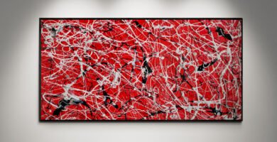 Abstract artwork Number 86 in Jackson Pollock style with red background, black strokes, and white splashes | A bold and balanced composition of color and energy