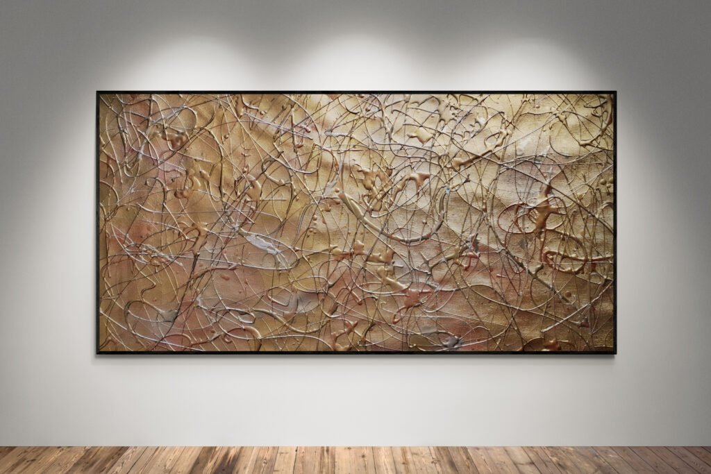 Abstract artwork Number 111 in Jackson Pollock style with gold and silver splashes on a reddish background | A luxurious composition of light, texture, and elegance