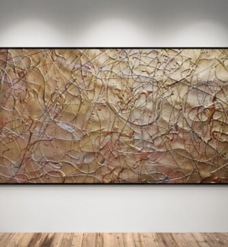 Abstract artwork Number 111 in Jackson Pollock style with gold and silver splashes on a reddish background | A luxurious composition of light, texture, and elegance