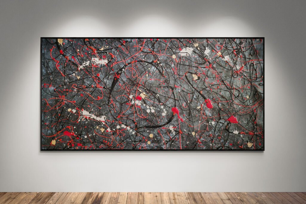 Abstract artwork Number 177 in Jackson Pollock style inspired by John Wick, with deep blue-gray background, black layers, and red, silver, and gold splashes | cinematic modern art composition