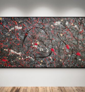 Abstract artwork Number 177 in Jackson Pollock style inspired by John Wick, with deep blue-gray background, black layers, and red, silver, and gold splashes | cinematic modern art composition