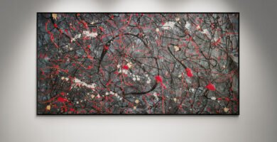 Abstract artwork Number 177 in Jackson Pollock style inspired by John Wick, with deep blue-gray background, black layers, and red, silver, and gold splashes | cinematic modern art composition