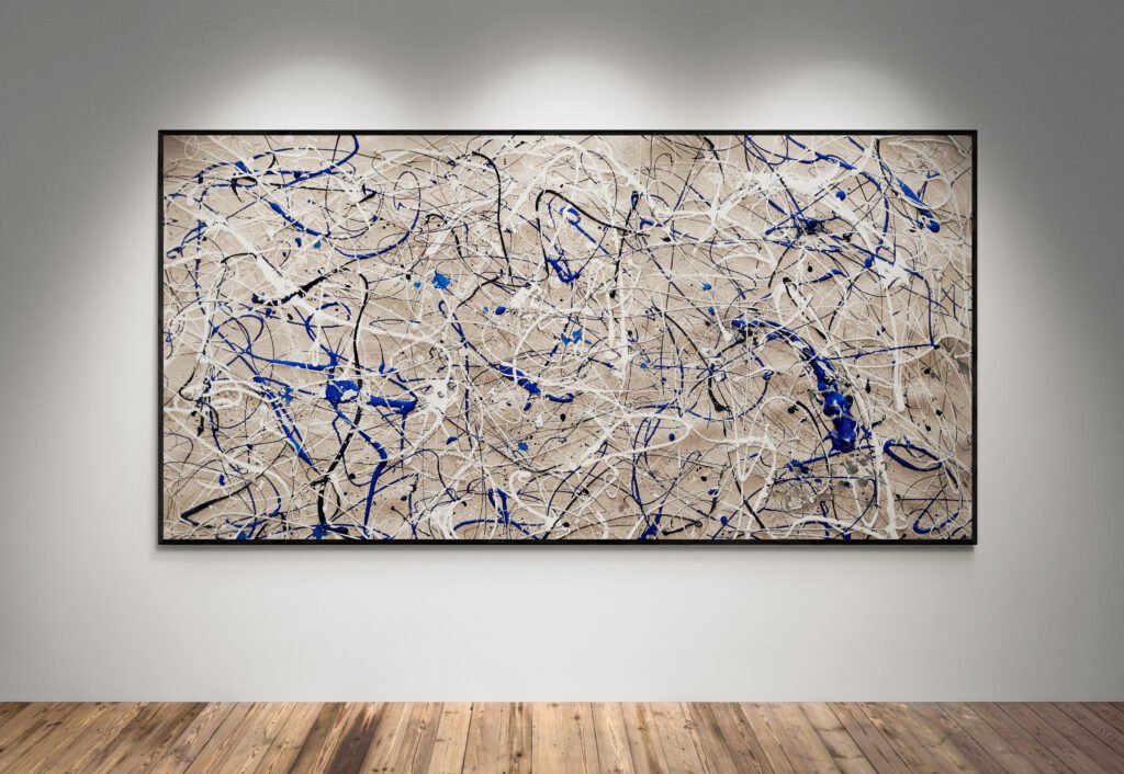 Abstract artwork Number 24 in Jackson Pollock style with beige background and blue splashes | A serene composition of movement and balance