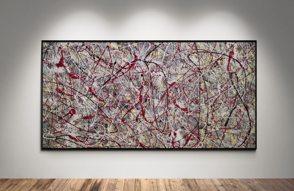 Abstract artwork Number 34 in Jackson Pollock style with textured grey background and black and red splashes | A bold symphony of contrast and movement
