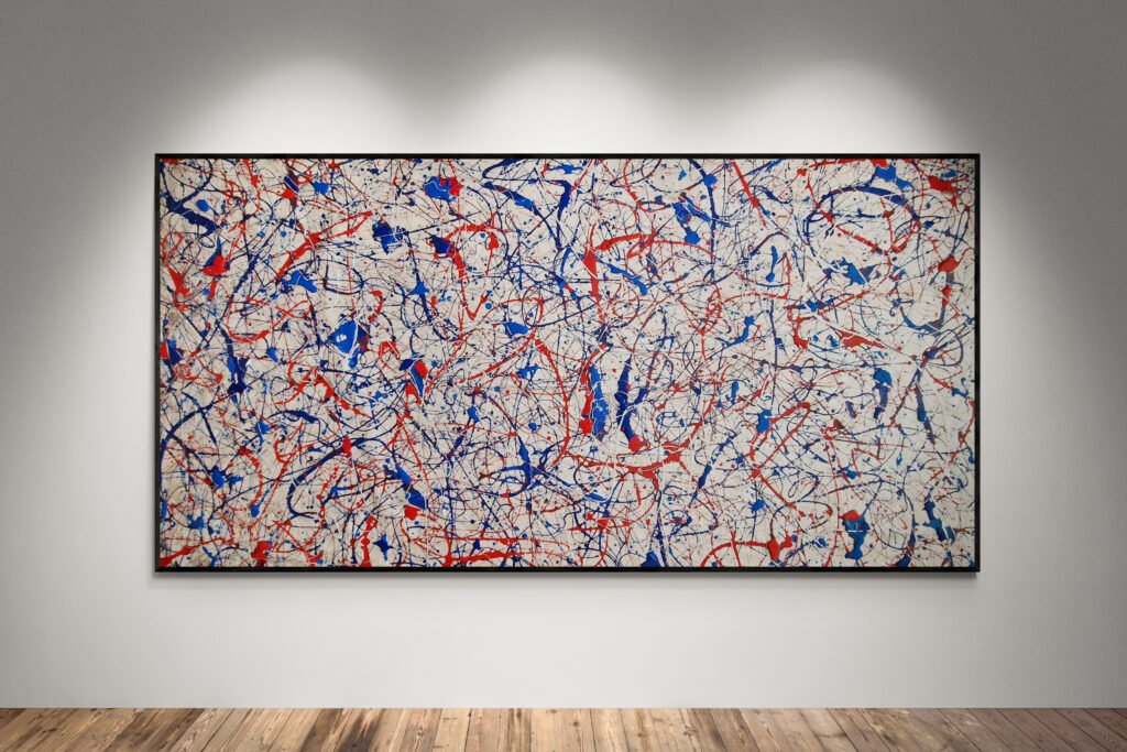 Abstract artwork Number 36 in Jackson Pollock style with metallic silver background and BMW M inspired blue and red splashes | A dynamic fusion of art and speed