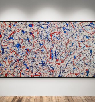 Abstract artwork Number 36 in Jackson Pollock style with metallic silver background and BMW M inspired blue and red splashes | A dynamic fusion of art and speed
