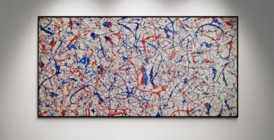 Abstract artwork Number 36 in Jackson Pollock style with metallic silver background and BMW M inspired blue and red splashes | A dynamic fusion of art and speed