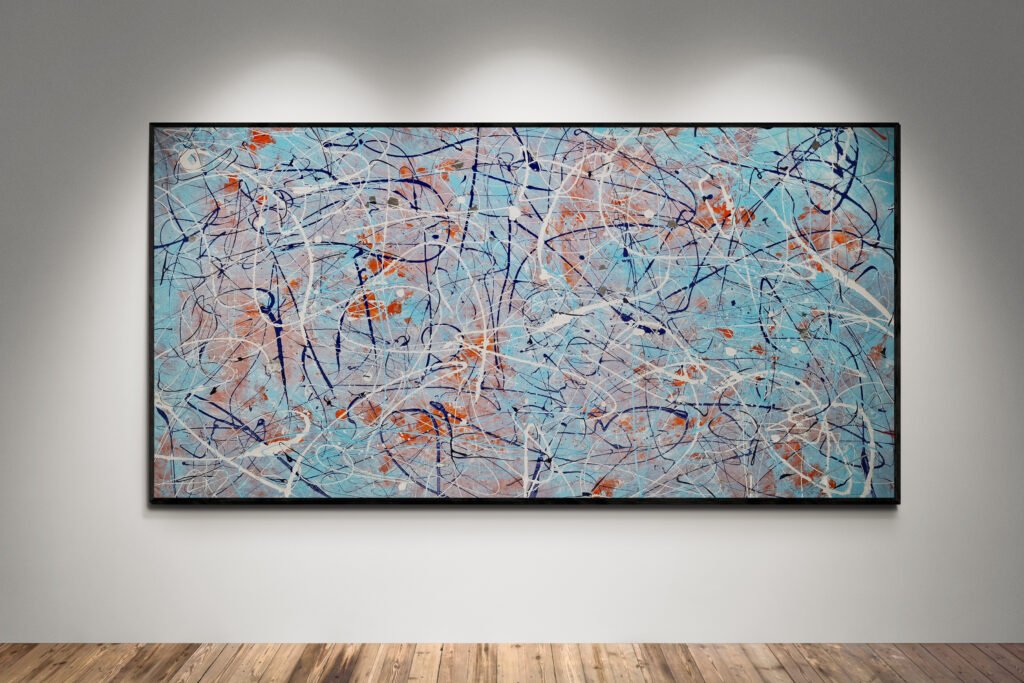 Abstract artwork Number 39 in Jackson Pollock style with soft blue background and orange, silver, and white splashes | A vibrant tribute to Gulf Racing heritage