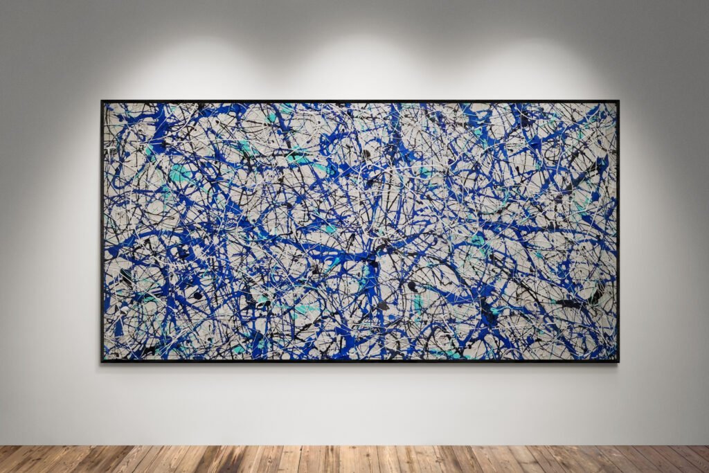 Abstract artwork Number 48 in Jackson Pollock style with grey background and blue and emerald splashes | A serene balance of motion and color