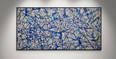 Abstract artwork Number 48 in Jackson Pollock style with grey background and blue and emerald splashes | A serene balance of motion and color