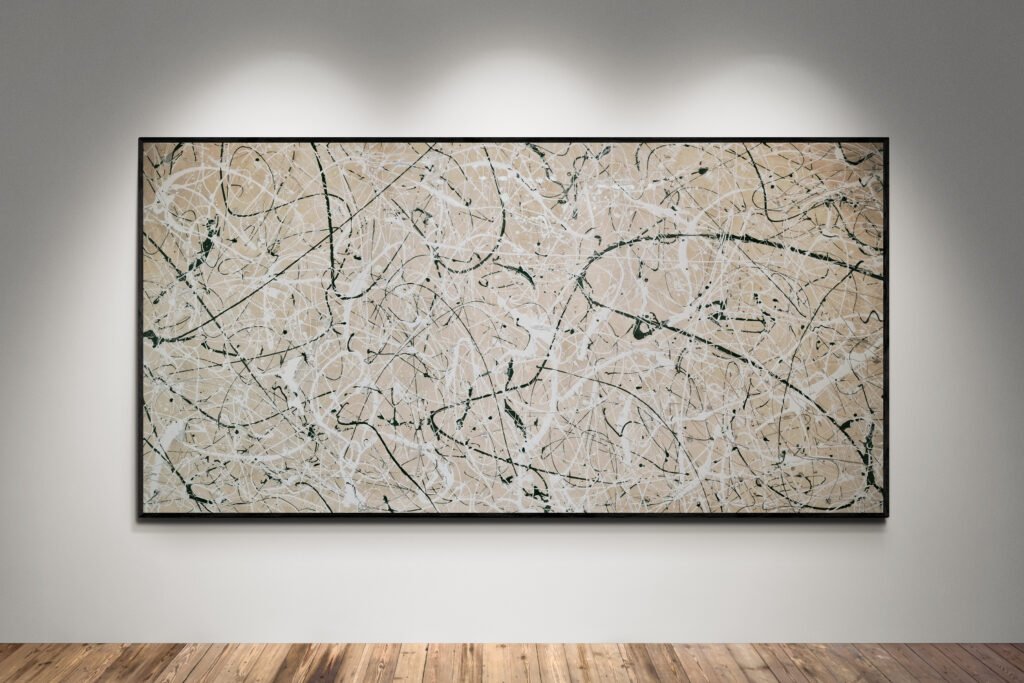 Abstract artwork Number 64 in Jackson Pollock style with forest green and silver splashes on a sand background | A natural balance of texture and calm