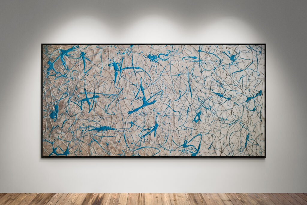 Abstract artwork Number 76 in Jackson Pollock style with metallic silver background and turquoise splashes | A luminous and modern composition of rhythm and energy
