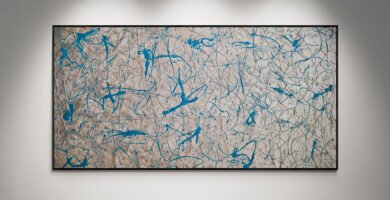 Abstract artwork Number 76 in Jackson Pollock style with metallic silver background and turquoise splashes | A luminous and modern composition of rhythm and energy