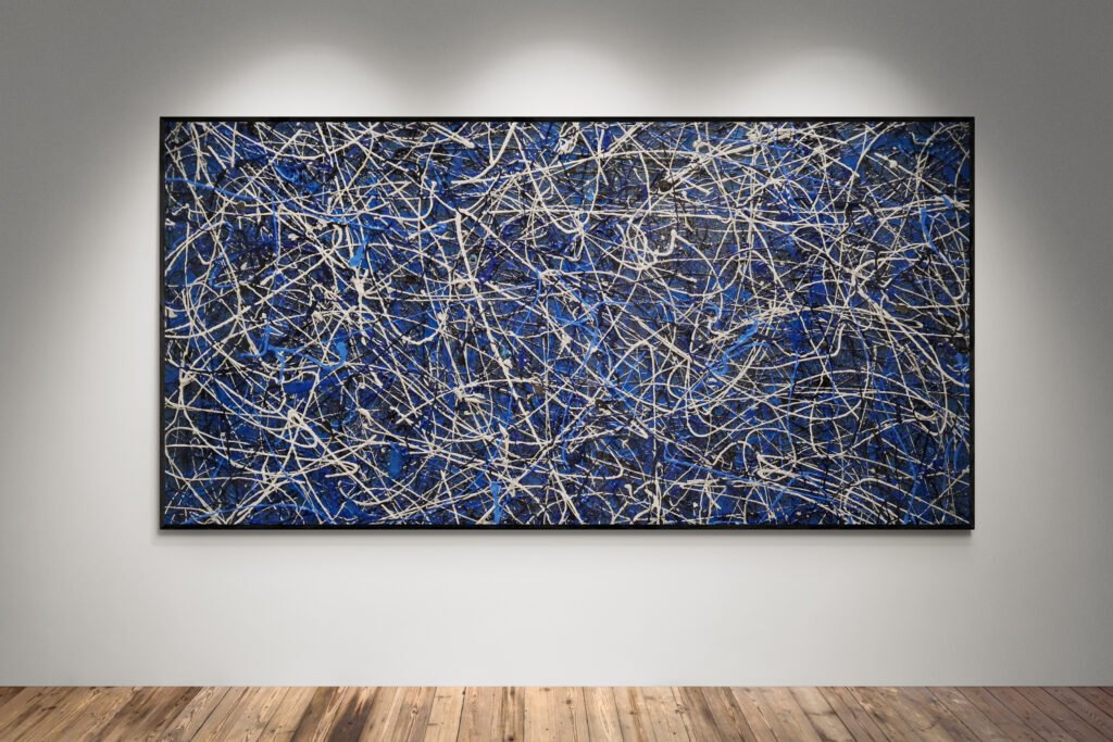 Abstract artwork Number 84 in Jackson Pollock style with deep blue background and silver splashes | A serene and elegant composition of balance and motion