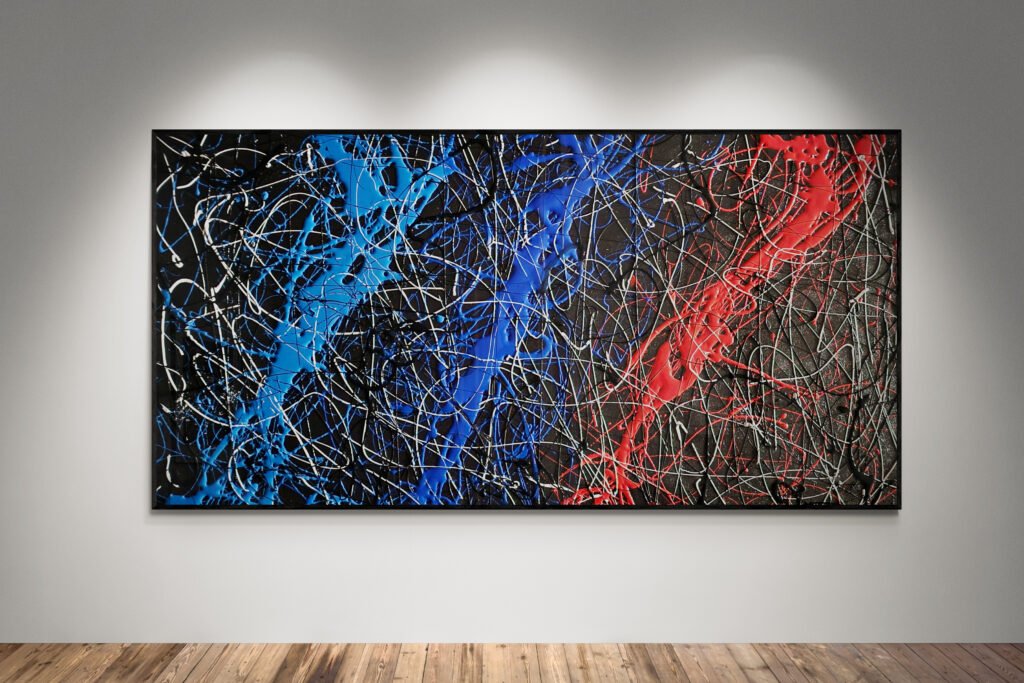Abstract artwork Number 92 in Jackson Pollock style with BMW Motorsport colors — red, blue, and silver on a black background | A dynamic composition inspired by speed and precision