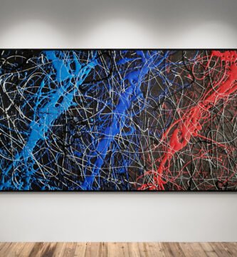 Abstract artwork Number 92 in Jackson Pollock style with BMW Motorsport colors — red, blue, and silver on a black background | A dynamic composition inspired by speed and precision