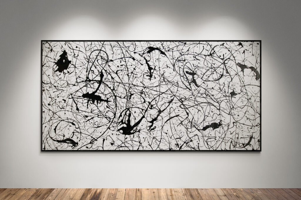 Abstract artwork Number 93 in Jackson Pollock style with black splashes on white background | A bold and minimal composition of contrast and rhythm