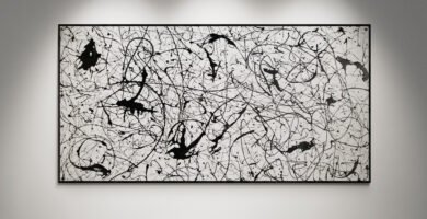 Abstract artwork Number 93 in Jackson Pollock style with black splashes on white background | A bold and minimal composition of contrast and rhythm