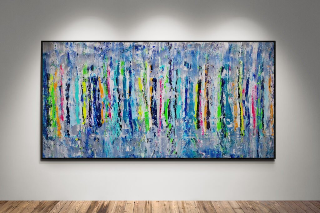 Abstract artwork Number 120 created with palette knife technique on a deep grey-blue background with colorful vertical strokes | A modern, textured composition full of energy and contrast