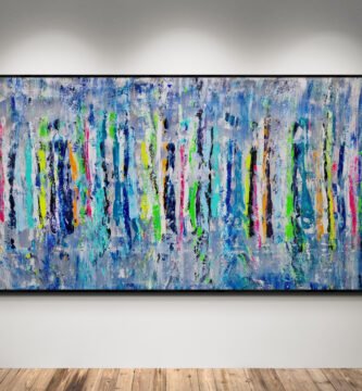 Abstract artwork Number 120 created with palette knife technique on a deep grey-blue background with colorful vertical strokes | A modern, textured composition full of energy and contrast