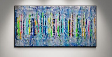 Abstract artwork Number 120 created with palette knife technique on a deep grey-blue background with colorful vertical strokes | A modern, textured composition full of energy and contrast