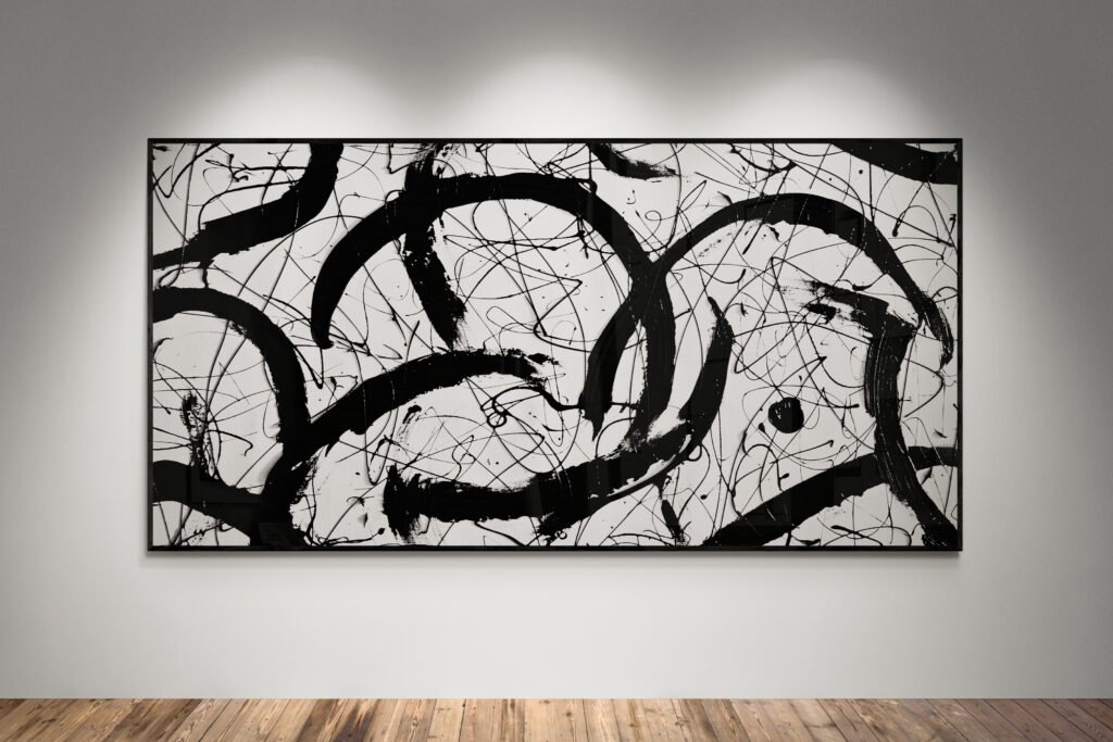 Abstract artwork Number 101 in Jackson Pollock style with bold black gestures on a white background | A monochrome statement of rhythm, balance, and energy