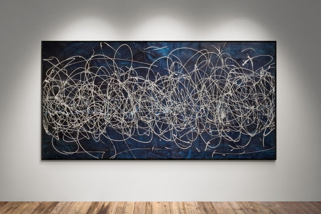 Abstract artwork Number 125 in Jackson Pollock style with petrol blue background and black, white, and silver splashes | A deep, elegant composition of contrast and movement