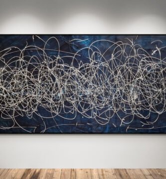 Abstract artwork Number 125 in Jackson Pollock style with petrol blue background and black, white, and silver splashes | A deep, elegant composition of contrast and movement