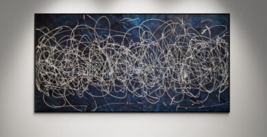 Abstract artwork Number 125 in Jackson Pollock style with petrol blue background and black, white, and silver splashes | A deep, elegant composition of contrast and movement