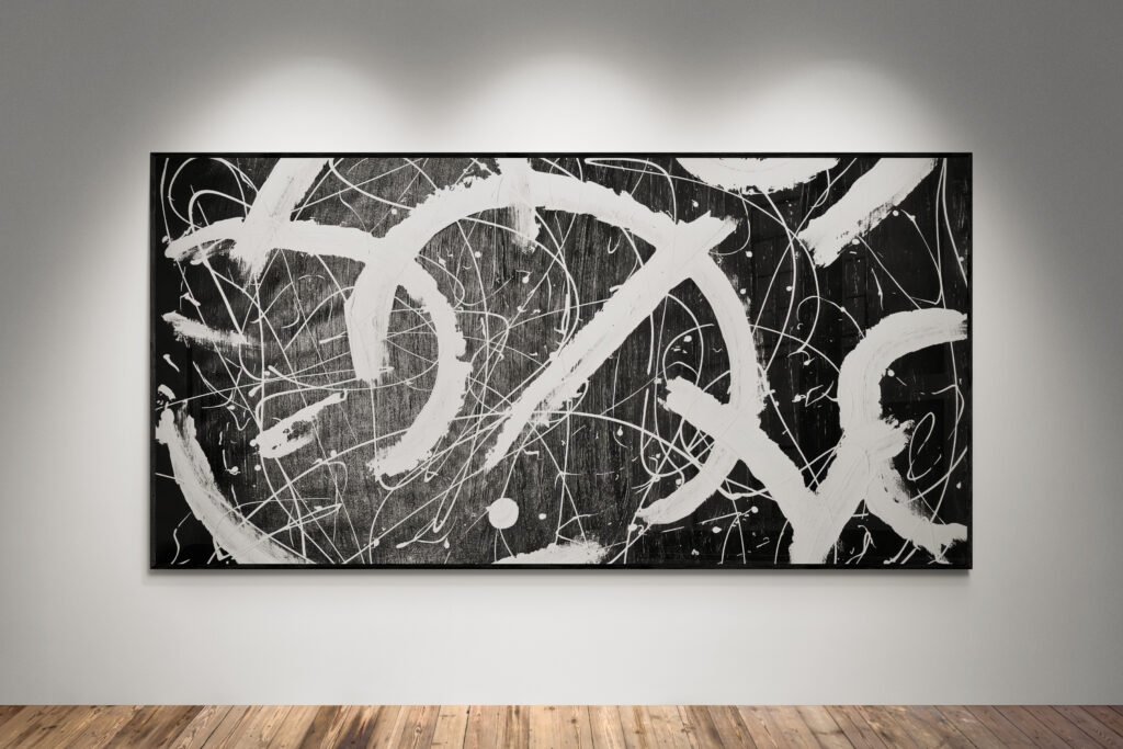 Abstract artwork Number 138 in Jackson Pollock style with black background and white splashes | A monochrome composition of motion, contrast, and elegance