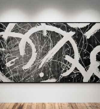 Abstract artwork Number 138 in Jackson Pollock style with black background and white splashes | A monochrome composition of motion, contrast, and elegance