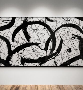 Abstract artwork Number 101 in Jackson Pollock style with bold black gestures on a white background | A monochrome statement of rhythm, balance, and energy
