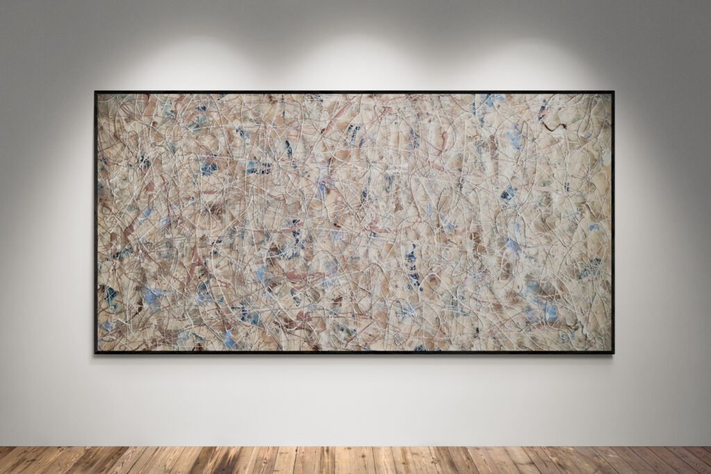 Abstract artwork Number 234 in Jackson Pollock style with sandy beige, blue, and metallic rose gold splashes | a luminous, elegant, and modern composition