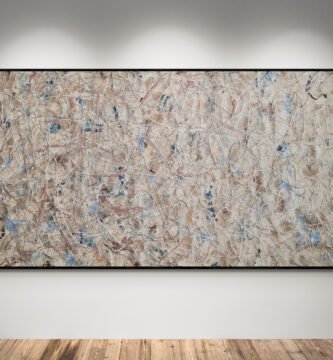 Abstract artwork Number 234 in Jackson Pollock style with sandy beige, blue, and metallic rose gold splashes | a luminous, elegant, and modern composition