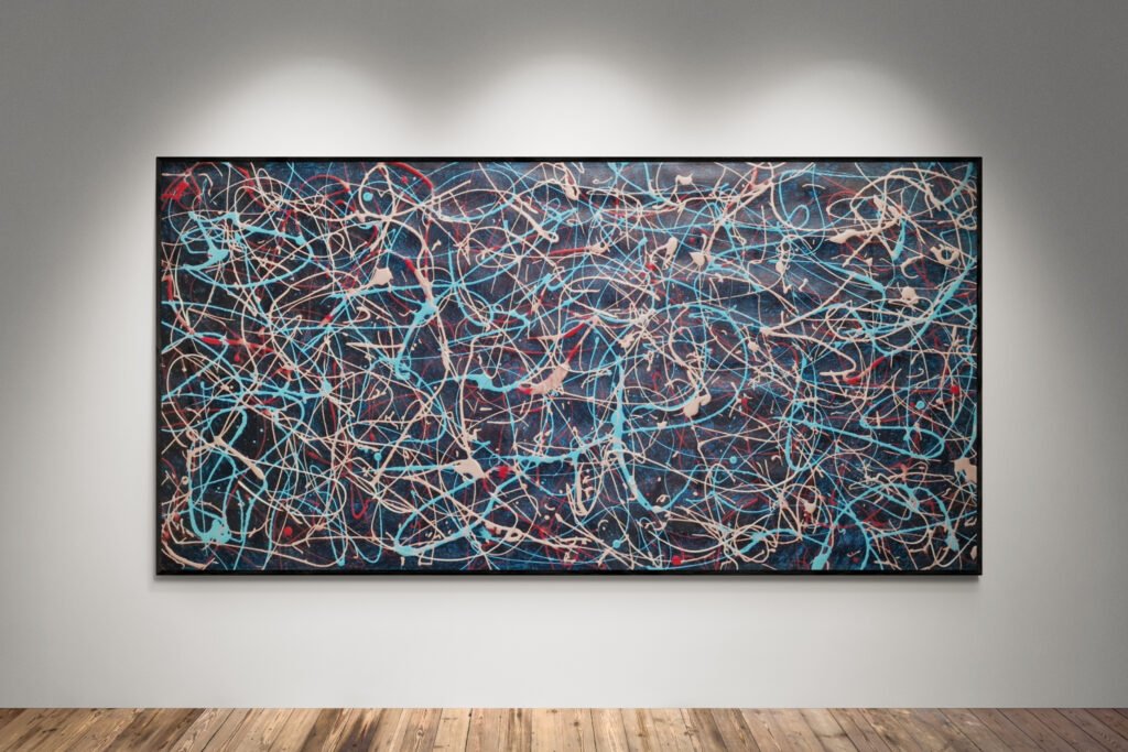Abstract artwork Number 141 in Jackson Pollock style with deep blue background and rose gold, silver, and red splashes | A luminous composition of energy and modern elegance
