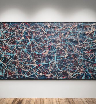 Abstract artwork Number 141 in Jackson Pollock style with deep blue background and rose gold, silver, and red splashes | A luminous composition of energy and modern elegance