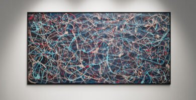Abstract artwork Number 141 in Jackson Pollock style with deep blue background and rose gold, silver, and red splashes | A luminous composition of energy and modern elegance