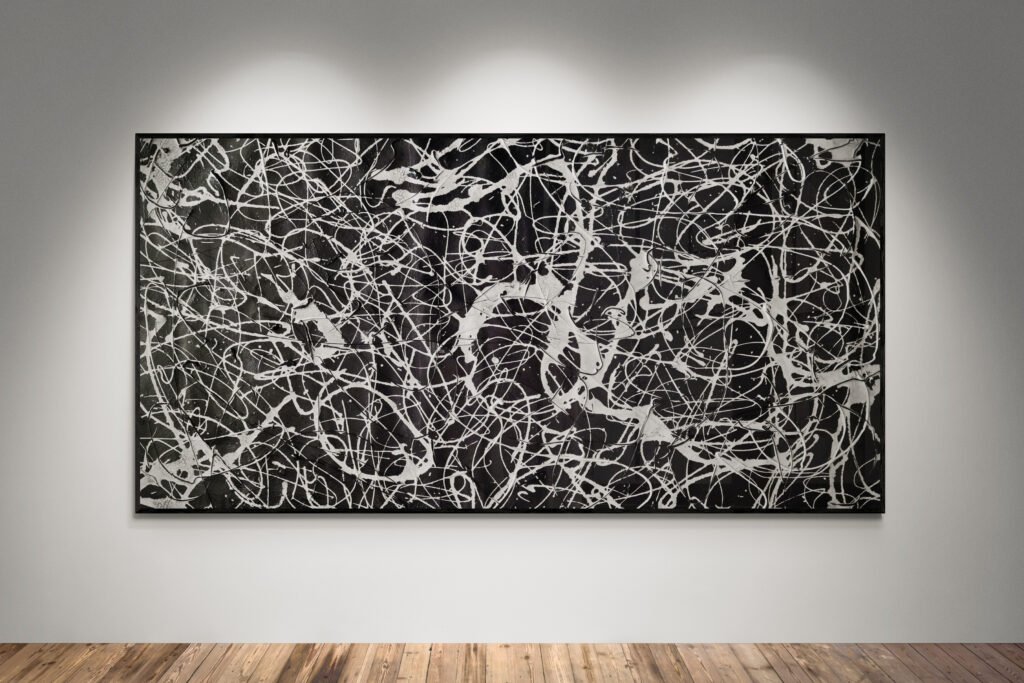 Abstract artwork Number 130 in Jackson Pollock style with black background and metallic silver splashes | A dramatic composition of light, texture, and modern elegance