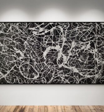 Abstract artwork Number 130 in Jackson Pollock style with black background and metallic silver splashes | A dramatic composition of light, texture, and modern elegance
