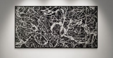 Abstract artwork Number 130 in Jackson Pollock style with black background and metallic silver splashes | A dramatic composition of light, texture, and modern elegance